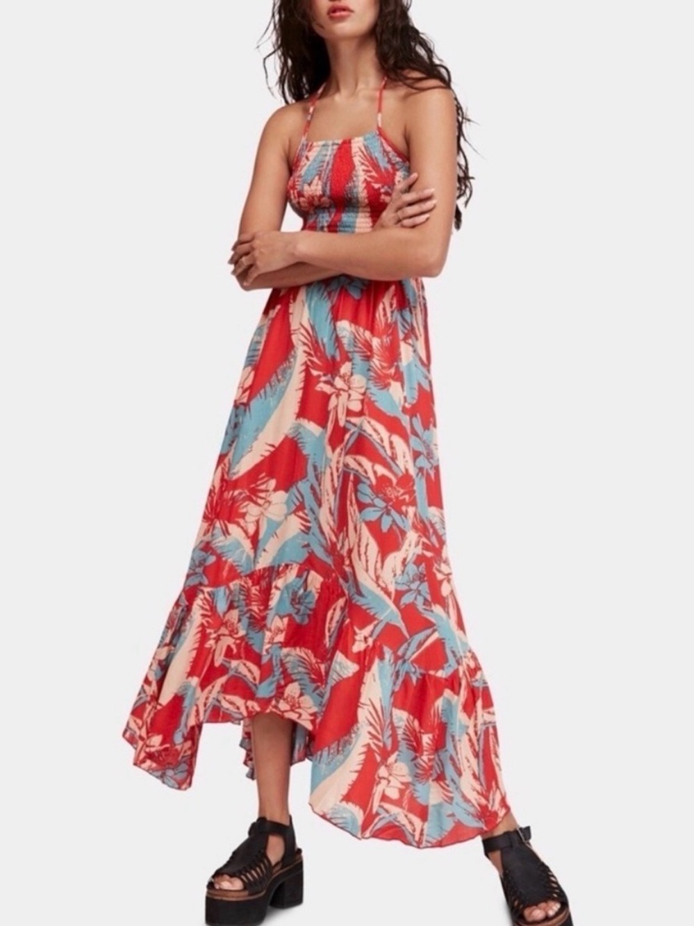 Intimately Free People Heat Wave Printed Maxi Dress Red Floral Smocked Size S